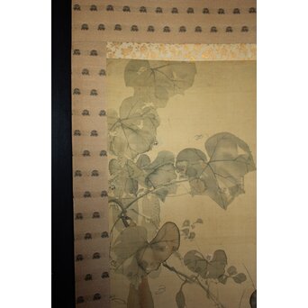 真野暁亭 藤島静邨 合作「秋草白描之図」掛軸　Z987 