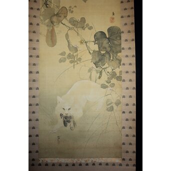 真野暁亭 藤島静邨 合作「秋草白描之図」掛軸　Z987 