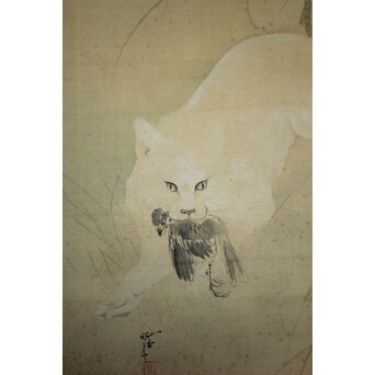 真野暁亭 藤島静邨 合作「秋草白描之図」掛軸　Z987 