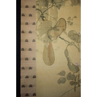 真野暁亭 藤島静邨 合作「秋草白描之図」掛軸　Z987 