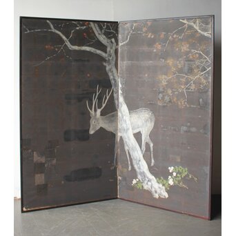 白鹿図 時代銀屏風　Z989 