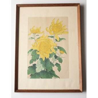 河原崎奨堂 木版画 芸艸堂版【菊】額装　Z997 