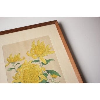 河原崎奨堂 木版画 芸艸堂版【菊】額装　Z997 