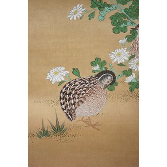 松豊作 山菊鶉之絵 絹本掛軸　Z1017 