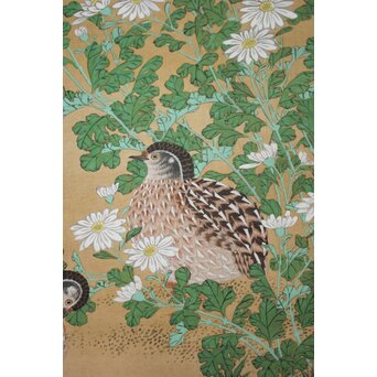 松豊作 山菊鶉之絵 絹本掛軸　Z1017 