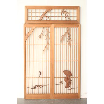 小野道風 柳と蛙 3枚1組 書院欄間　R0574