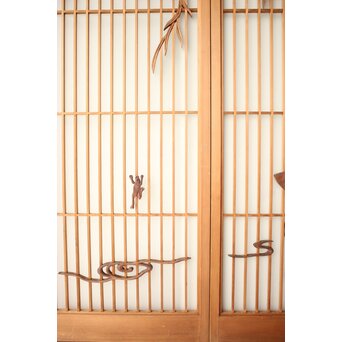 小野道風 柳と蛙 3枚1組 書院欄間　R0574 