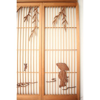 小野道風 柳と蛙 3枚1組 書院欄間　R0574 
