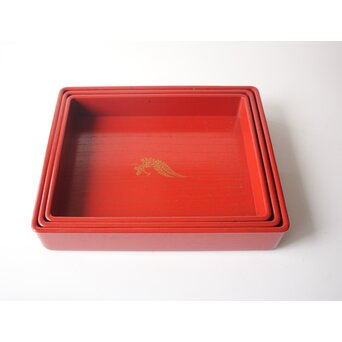 渡辺喜三郎 守屋松亭 合作 木製漆塗 藤蒔絵 御手許筥 3重盆 共箱　Q422 