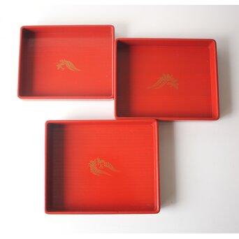 渡辺喜三郎 守屋松亭 合作 木製漆塗 藤蒔絵 御手許筥 3重盆 共箱　Q422