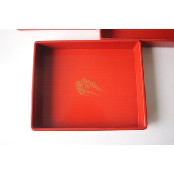 渡辺喜三郎 守屋松亭 合作 木製漆塗 藤蒔絵 御手許筥 3重盆 共箱　Q422 