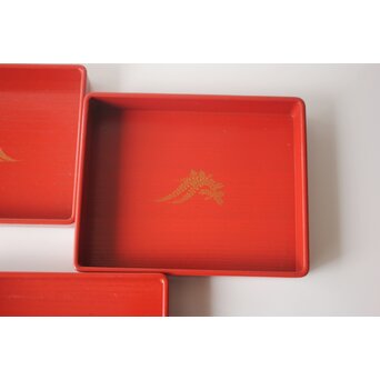 渡辺喜三郎 守屋松亭 合作 木製漆塗 藤蒔絵 御手許筥 3重盆 共箱　Q422 