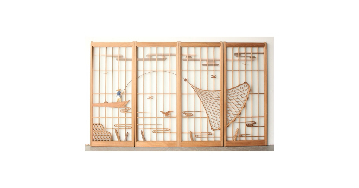 投網組子書院 4枚1組 R0577｜骨董店 のびる 古美術 骨董 和風建具 蔵戸