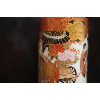 鏑木製 九谷 毛筆 赤壁賦 彩色 着物美人図 茶巾筒　P670 