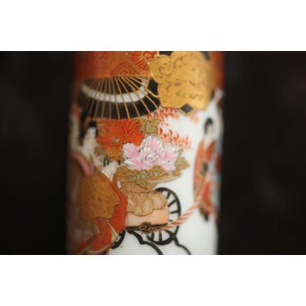 鏑木製 九谷 毛筆 赤壁賦 彩色 着物美人図 茶巾筒　P670 