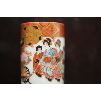 鏑木製 九谷 毛筆 赤壁賦 彩色 着物美人図 茶巾筒　P670 