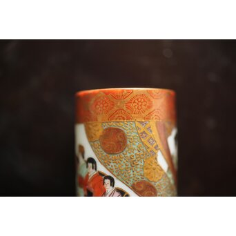 鏑木製 九谷 毛筆 赤壁賦 彩色 着物美人図 茶巾筒　P670 