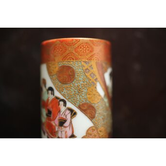 鏑木製 九谷 毛筆 赤壁賦 彩色 着物美人図 茶巾筒　P670 