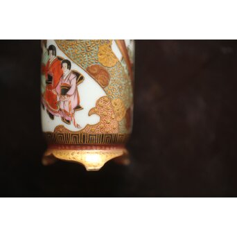 鏑木製 九谷 毛筆 赤壁賦 彩色 着物美人図 茶巾筒　P670 