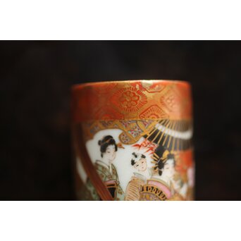 鏑木製 九谷 毛筆 赤壁賦 彩色 着物美人図 茶巾筒　P670 