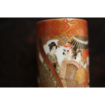 鏑木製 九谷 毛筆 赤壁賦 彩色 着物美人図 茶巾筒　P670 