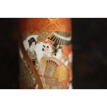 鏑木製 九谷 毛筆 赤壁賦 彩色 着物美人図 茶巾筒　P670 