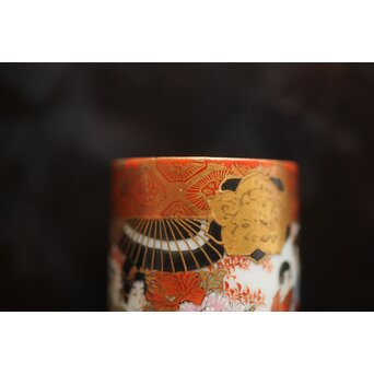 鏑木製 九谷 毛筆 赤壁賦 彩色 着物美人図 茶巾筒　P670 