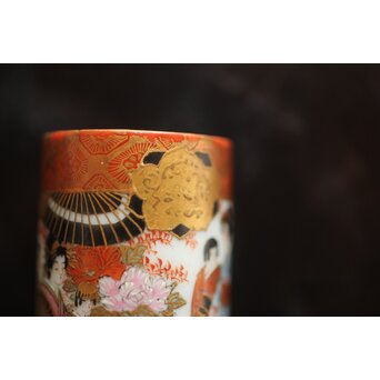 鏑木製 九谷 毛筆 赤壁賦 彩色 着物美人図 茶巾筒　P670 