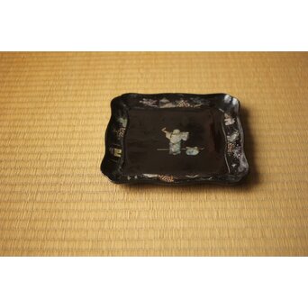 江千里製 青貝布袋図 入隅四方黒漆盆/香盆　Q423 