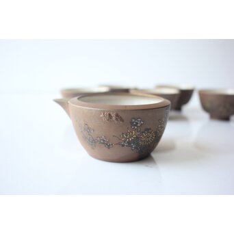 温故焼 河野忠治/大雅作 春穐得意 梅菊文 煎茶セット　P676 