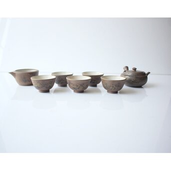 温故焼 河野忠治/大雅作 春穐得意 梅菊文 煎茶セット　P676