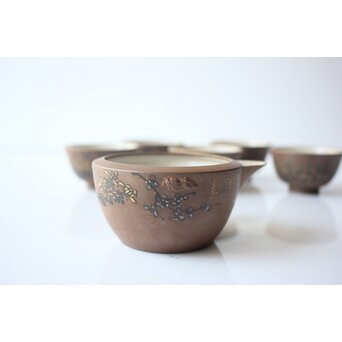 温故焼 河野忠治/大雅作 春穐得意 梅菊文 煎茶セット　P676 