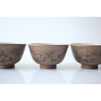 温故焼 河野忠治/大雅作 春穐得意 梅菊文 煎茶セット　P676 