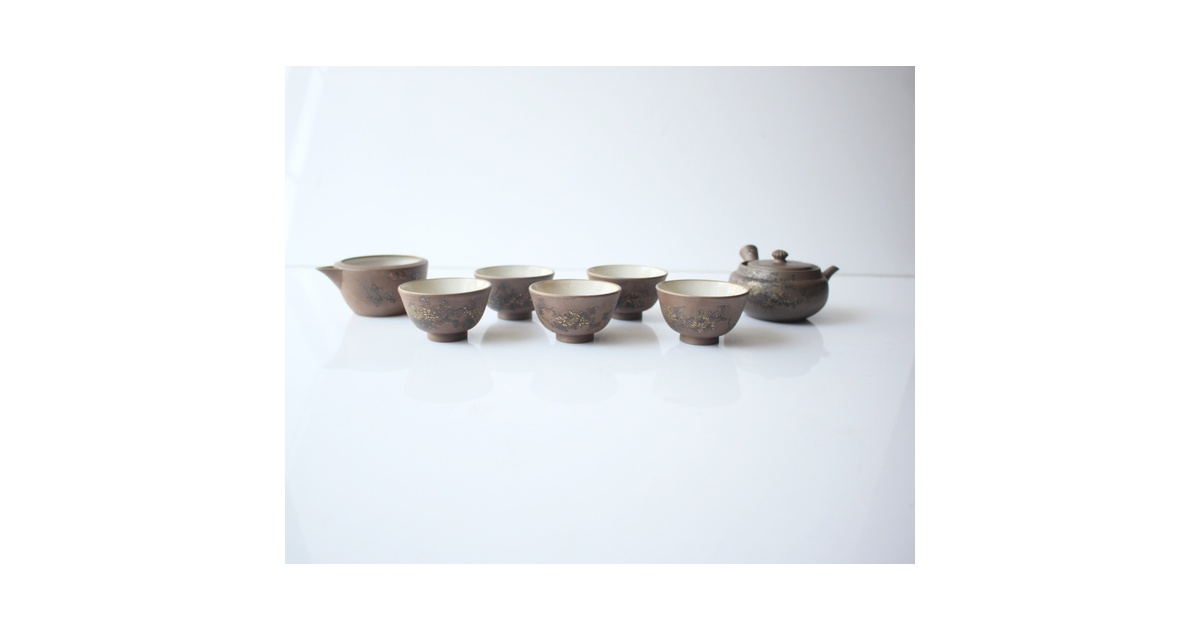 温故焼 河野忠治/大雅作 春穐得意 梅菊文 煎茶セット P676|骨董店 温故焼 河野忠治/大雅作 春穐得意 梅菊文 煎茶セット P676|骨董店