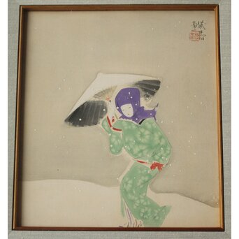 渡辺幾春『雪下美人図』色紙額装　Z1045 