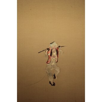 高島屋画室か 竹内栖鳳下絵 猿回し図 刺繍絵画軸装　Z1048 