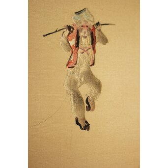 高島屋画室か 竹内栖鳳下絵 猿回し図 刺繍絵画軸装　Z1048 