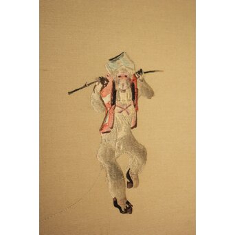 高島屋画室か 竹内栖鳳下絵 猿回し図 刺繍絵画軸装　Z1048 
