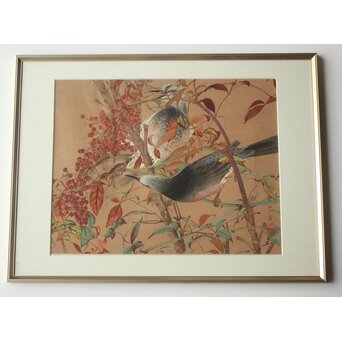 土屋楽山 木版画「照り葉南天に鵯(冬)」Z1051