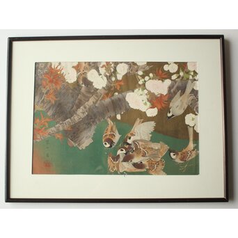 土屋楽山 木版画「御室桜に群雀(盛春)」Z1052