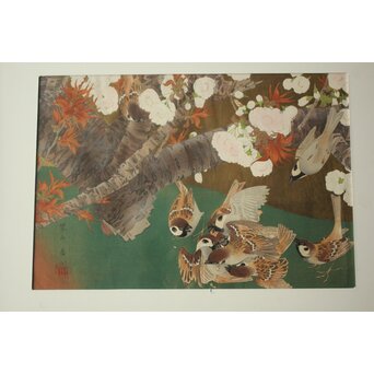 土屋楽山 木版画「御室桜に群雀(盛春)」Z1052 