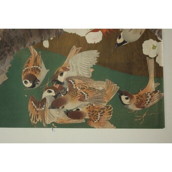 土屋楽山 木版画「御室桜に群雀(盛春)」Z1052 