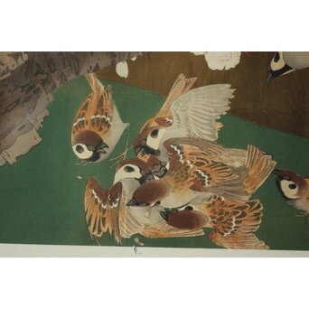 土屋楽山 木版画「御室桜に群雀(盛春)」Z1052 