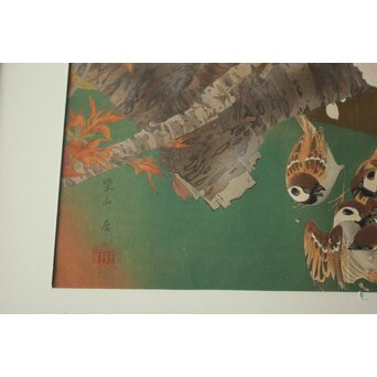 土屋楽山 木版画「御室桜に群雀(盛春)」Z1052 