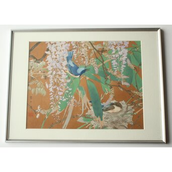 土屋楽山 木版画「紫藤靑笹に巣乃小瑠璃(晩春)」Z1053