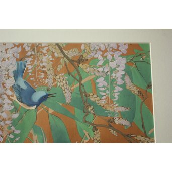 土屋楽山 木版画「紫藤靑笹に巣乃小瑠璃(晩春)」Z1053 