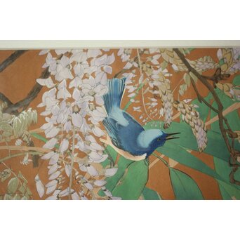 土屋楽山 木版画「紫藤靑笹に巣乃小瑠璃(晩春)」Z1053 