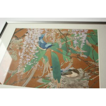 土屋楽山 木版画「紫藤靑笹に巣乃小瑠璃(晩春)」Z1053 