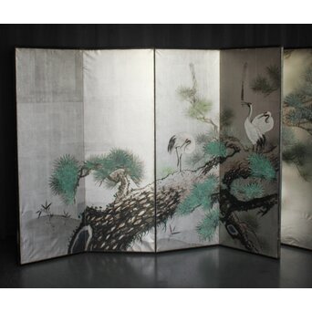 鶴松画 銀地六曲屏風半双　Z1060 