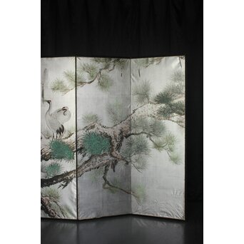 鶴松画 銀地六曲屏風半双　Z1060 